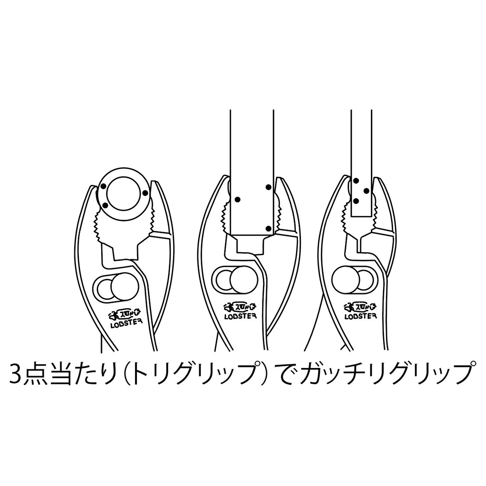 3点支持の特殊な形状で銅管などの丸い形状を安定してつかむことができます