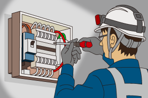 ヘッドライトをつけて配電盤を修理している男性のイラスト