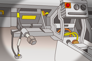 ヘッドライトで車の配線を照らしているイラスト